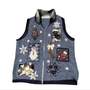 OHI Christmas Sweater Vest Medium Blue Plaid Zip Snowman Reindeer Knit Snow VTG